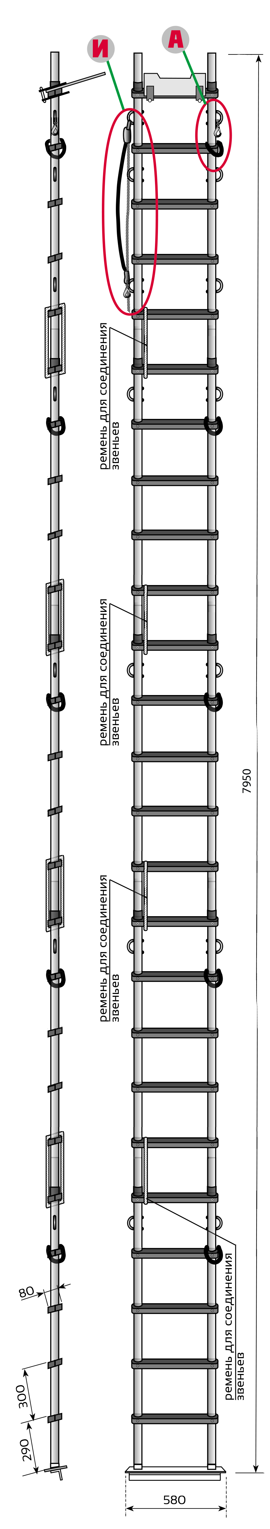 Лестница Техношанс Луско-5-7,95 диэлектрическая для опор ВЛ (Комплект Стандарт )